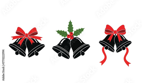 Festive christmas bells decorated with red ribbons and holly berries capturing holiday spirit and celebration isolated on white background