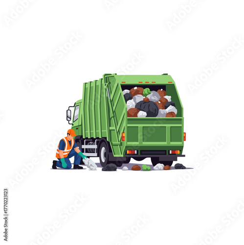 A sanitation worker diligently cleans up scattered refuse near a large green garbage truck filled with collected waste.