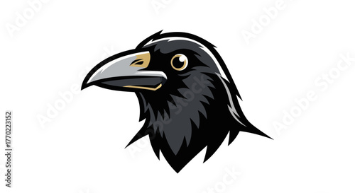 Detailed Raven Head Illustration with Sharp Features and Intense Gaze.