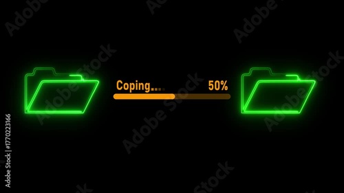 File transfer from computer folder to folder neon line animation Isolated on black background. copying file transfer with loading animation.
