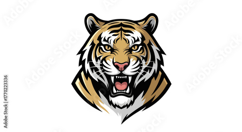 Detailed Tiger Head Illustration with Fierce Expression and Sharp Teeth.