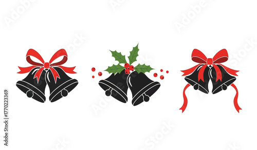 Festive christmas bells with red ribbon bows and holly accents capturing holiday spirit festive decorations for seasonal celebration isolated on white background