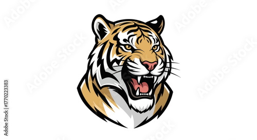 Detailed Tiger Head Illustration with Aggressive Expression and Sharp Fangs.