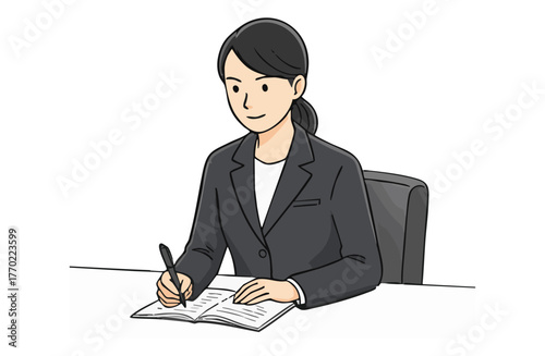 デスクでメモを取るビジネスウーマン（上半身・シンプルカラー）