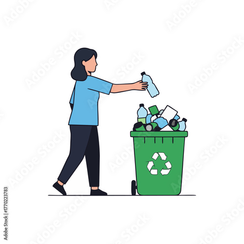 A woman responsibly disposes of a plastic bottle into a full green recycling bin.