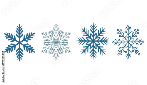 Set of four beautifully detailed blue and teal snowflakes perfect for winter holiday and seasonal decorations isolated on white background