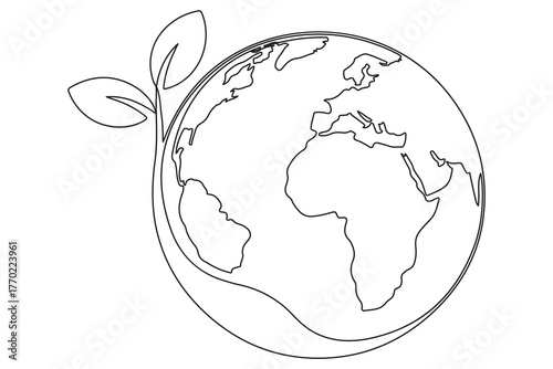 Earth and plant sprout one line minimal illustration for environment care and global sustainability
