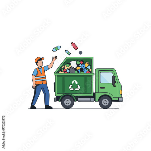 An illustration of a sanitation worker in an orange vest actively collecting and sorting various recyclable waste into a green recycling truck with a prominent symbol.