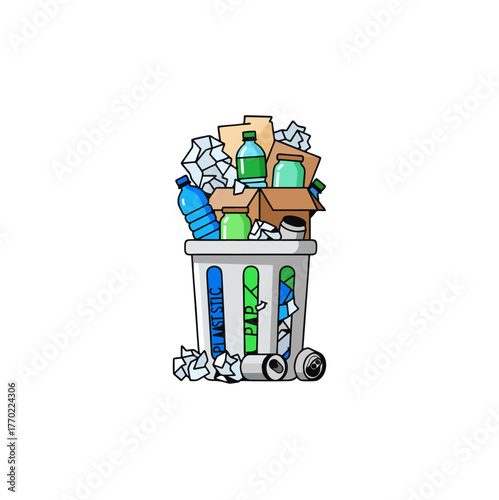 A cartoon illustration of a full trash bin overflowing with various types of waste materials.