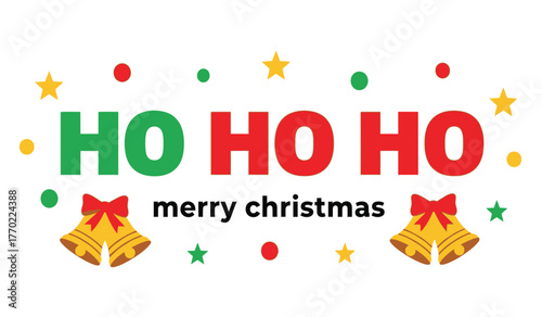 Festive ho ho ho merry christmas design with bells and stars perfect for holiday greetings and decorations isolated on white background