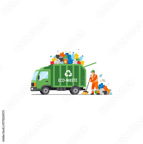 Green eco-waste truck overflowing with trash, a worker sweeping more waste for collection.