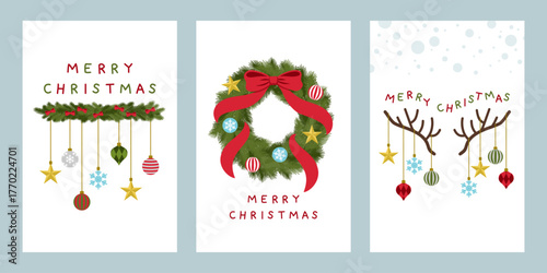 Christmas banner layouts of pine leaves wreath, reindeer antlers and ornaments for artwork design of card, poster or background.