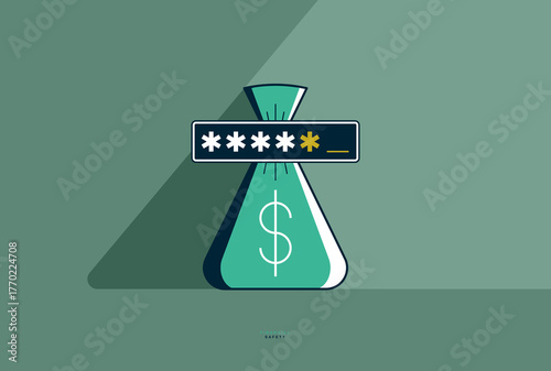 Money bag with password financial safety concept poster, vector icon style illustration af a moneybag secured by a password, personal finance protection, safe savings.