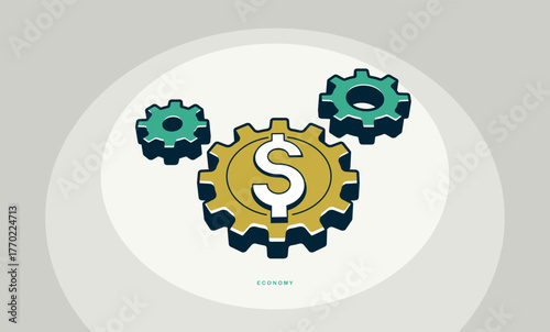 Economic system concept poster, gears with dollar sign vector icon style illustration, economical processes metaphor, money circulation, business.