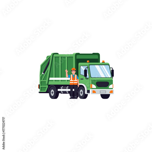 A friendly sanitation worker in a safety vest waves while standing next to a green garbage truck.