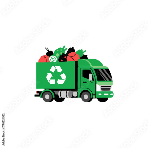 A green garbage truck with a recycling symbol on its side is full of various types of waste, representing waste management and environmental services.