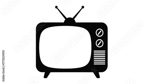 Retro television icon black silhouette vintage broadcast screen antennae entertainment symbol for broadcast media isolated on white background