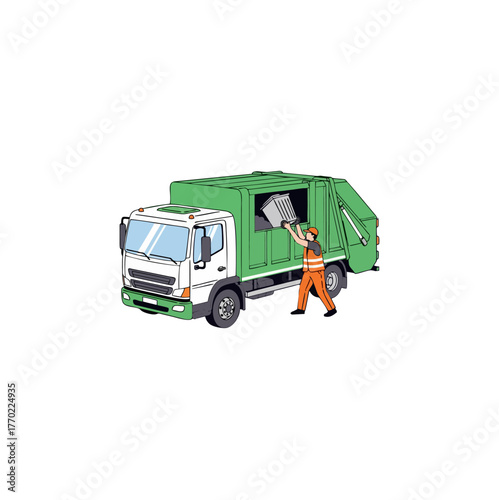 An illustrated garbage truck being loaded by a sanitation worker with a bin.