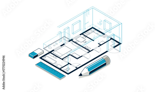 Floorplan implementation drawing with pencil, flat plan residential house or apartment blueprint, 3D isometric vector illustration, interior design project top view.