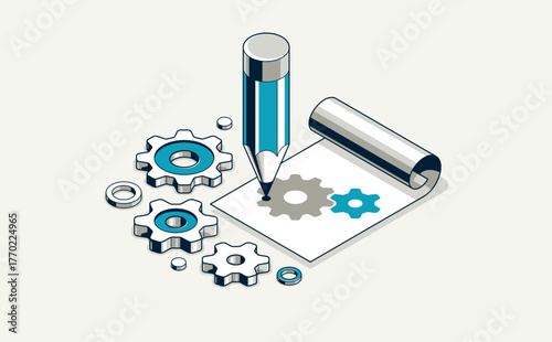 Mechanical engineering project concept, engine draft plan drawing, technical scheme blueprint, paper sheet with gears and pencil 3D isometric vector illustration, repair tutorial.