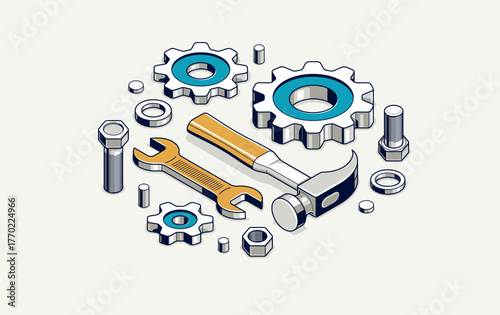 Repair and maintenance concept, technics service, gears and tools in 3D isometric projection vector illustration, technical mechanical workshop.