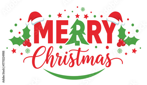 Festive merry christmas greeting with santa hats holly and sparkles celebrate the holidays joyfully isolated on white background