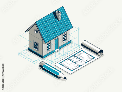 House project concept, 3D isometric vector illustration of a small house and blueprint building project, construction architectural model, residential family small house.
