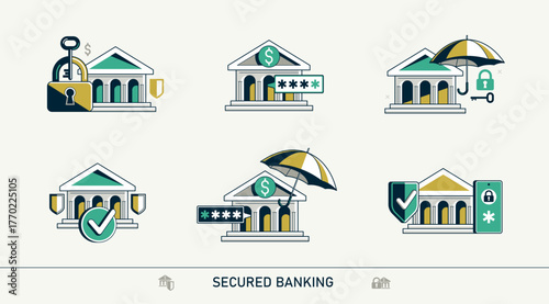 Secured banking vector detailed icons set, deposit money savings protection, financial risk and safety, account protect.