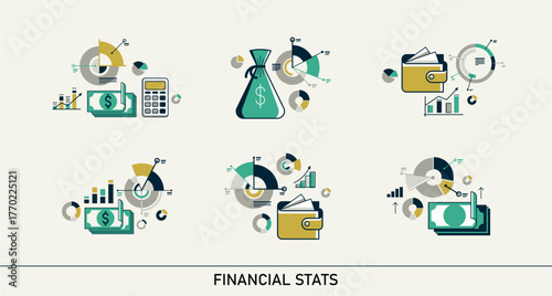 Abstract financial statistics vector bundle, finance and money analysis stats set, stock market graphs and diagrams.