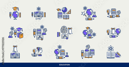 Education vector icons set, school study of science, university and academy learning, different disciplines knowledge.