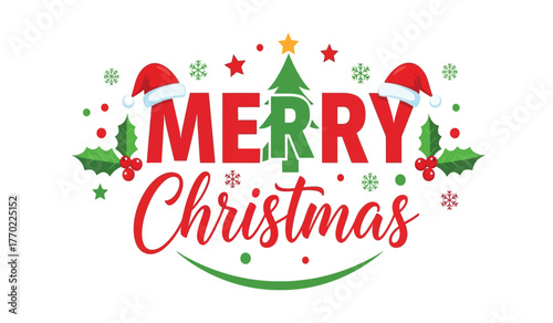 Merry christmas festive typographic design with santa hats christmas trees snowflakes and holly leaves conveying holiday cheer isolated on white background