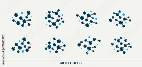 Chemical molecules vector icons set, chemistry science theme, laboratory research and experiments, pharmacology and healthcare.