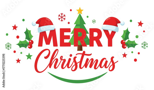 Festive merry christmas typography with santa hats and christmas tree elements for holiday celebrations and seasonal greetings isolated on white background