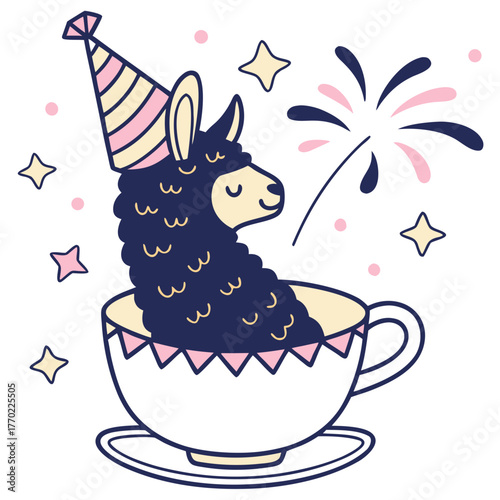 Cute Gentle Llama, accessorized with in a teacup, in a New Year celebration world – Midnight Sparkle palette vector