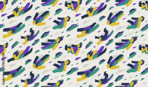 Dreamers conceptual seamless background, illustrative vector people flying among the clouds, freedom of imagination relaxed levitation, tranquil and hypnotic emotions.
