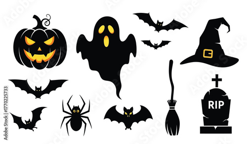 Spooky halloween icons silhouette collection for festive decorations and holiday themed designs haunted pumpkin ghost spider bats witch hat tombstone broom isolated on white background