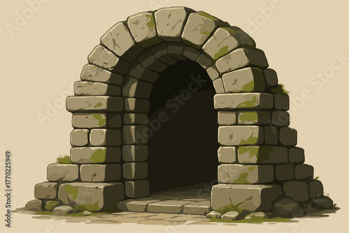 Illustration archway stacked moss showing built structural stone medieval vector stones shadows