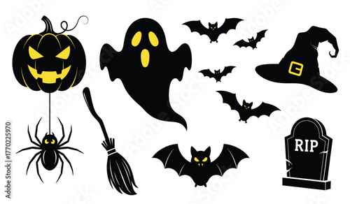 Halloween icons set spooky pumpkin ghost bats witch hat spider broom graveyard tombstone festive spooky holiday decorations isolated on white background