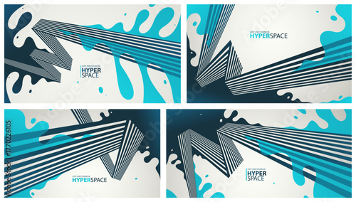 Blast of exploding lava over parallel lines in perspective vector abstract background set, concept of order converting to chaos as entropy is rising, surreal fluid splash.