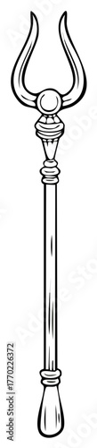 Antique horned bident staff or scepter black and white line art illustration