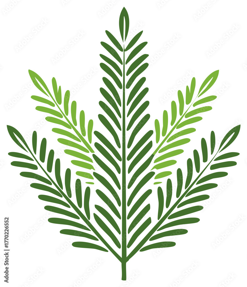 Fototapeta premium Stylized Green Leaf Branch Illustration, Botanical Fronds on White