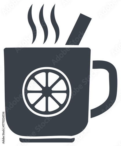 Steaming hot beverage in mug with citrus slice and cinnamon stick icon