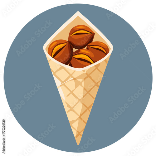 Roasted chestnuts in a wafer cone on a blue circle graphic.
