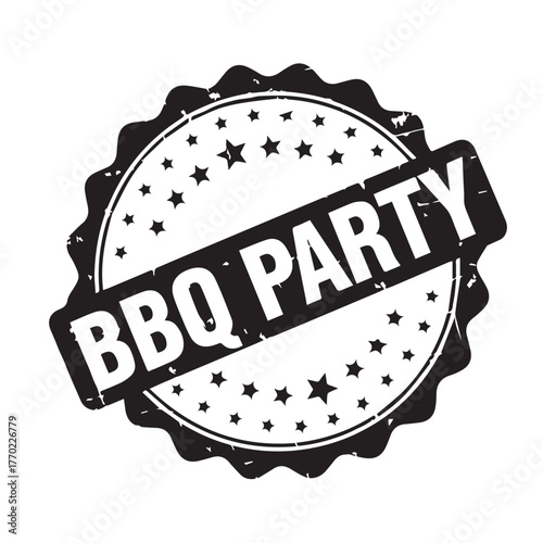 A black and white rubber stamp with the words bbq party a circular stamp with stars around the edge and the words bbq party in bold letters across the middle