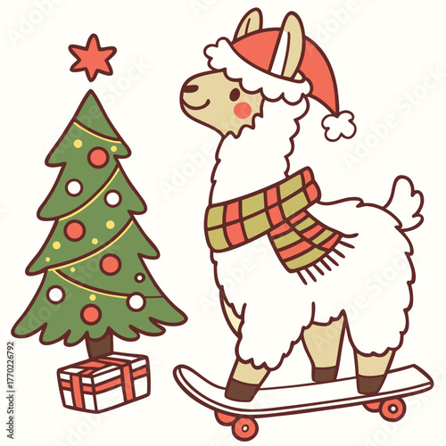 Cute SVG of a Shy Llama in Festive Cheer colors, featuring riding a skateboard in a Christmas setting