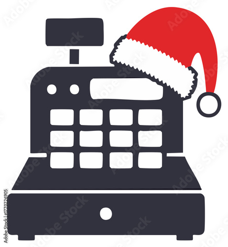 Festive Cash Register with Santa Hat Icon for Christmas Shopping Holiday Sales and Seasonal Retail Commerce