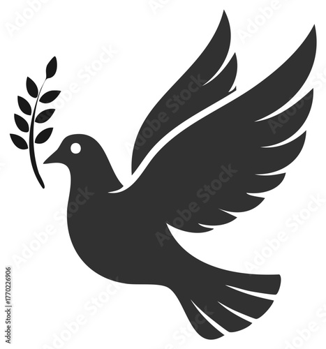 Stylized silhouette of a dove carrying a laurel branch in its beak symbolizing peace and hope