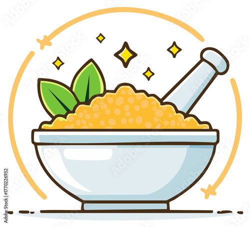 Mortar and pestle, bowl with herbs, alternative medicine icon, natural remedy concept