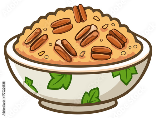 Cartoon illustration of a bowl of oatmeal topped with pecans.