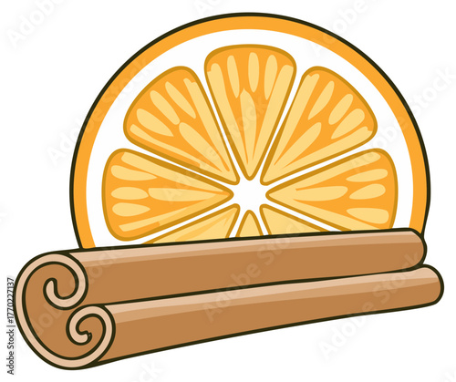 Stylized Orange Slice and Cinnamon Sticks Still Life: Culinary Flavor Elements Composition